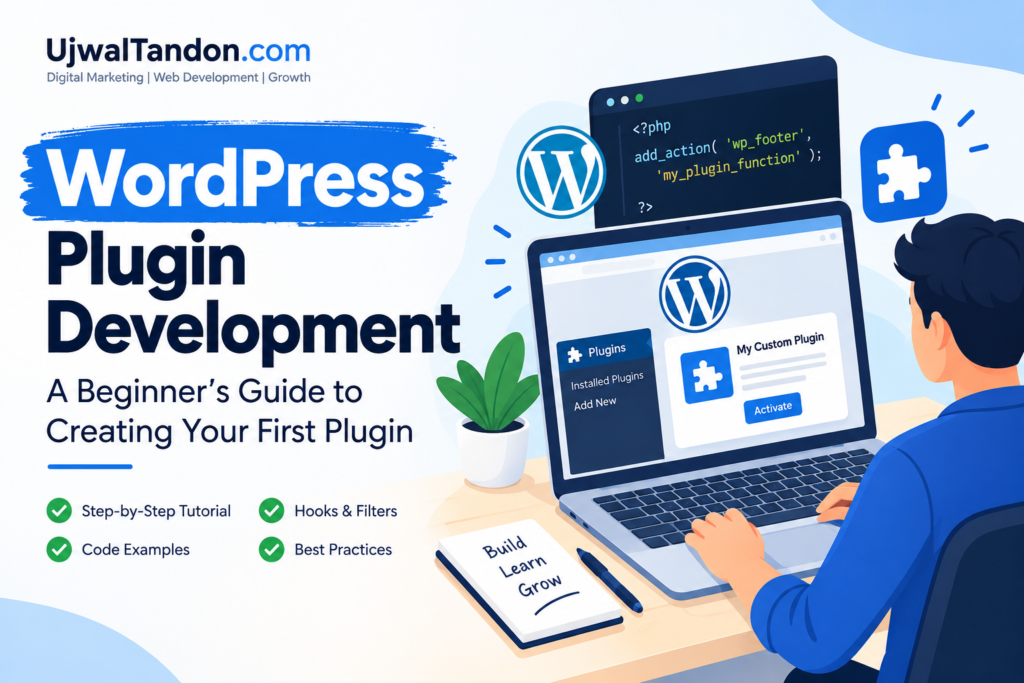 is a thumbnail for my blog called WordPress plugin development with this beginner-friendly guide.